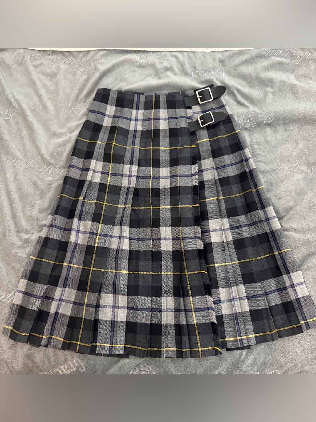 Pleated A-Line Plaid Mini Skirt With Buckle Straps - Gray
